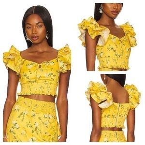 Alice + Olivia Yellow Floral Cropped Ruffle sleeve Top Sz M $350